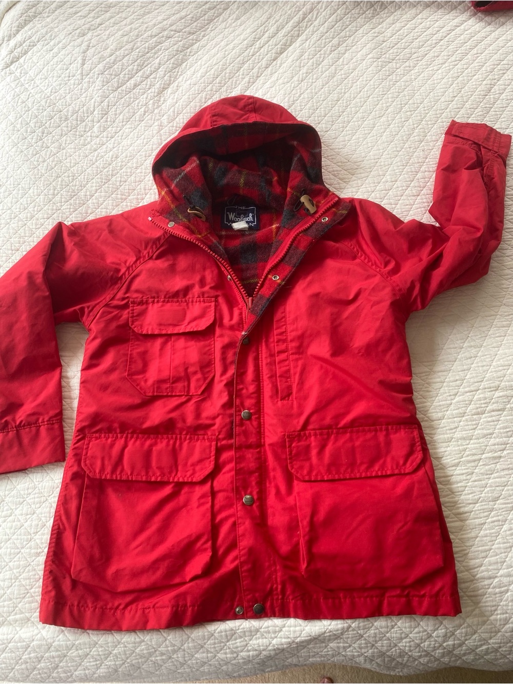 Woolrich Vintage Red Hooded Parka Jacket Plaid Wool Lining Heritage Cabincore M